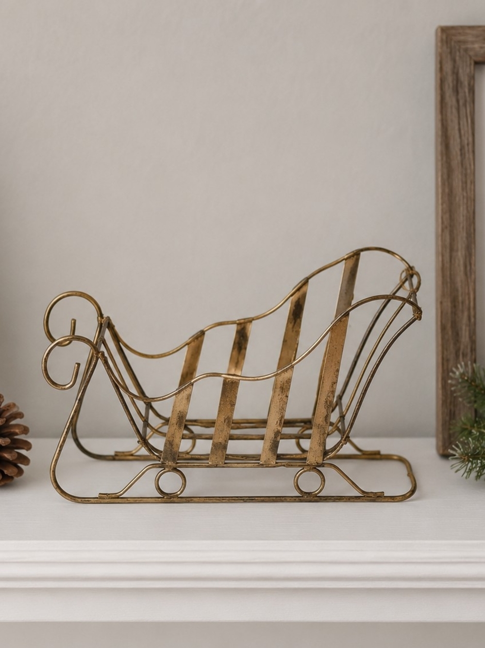 Vintage Gold Metal Christmas Sleigh Decor | Mini Wire Sleigh | Holiday Decor